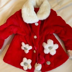 Girls winter jacket red & white fuzzy